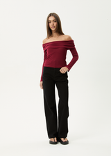 AFENDS Womens Beckett - Off-Shoulder Long Sleeve Top - Burgundy - Afends womens beckett   off shoulder long sleeve top   burgundy