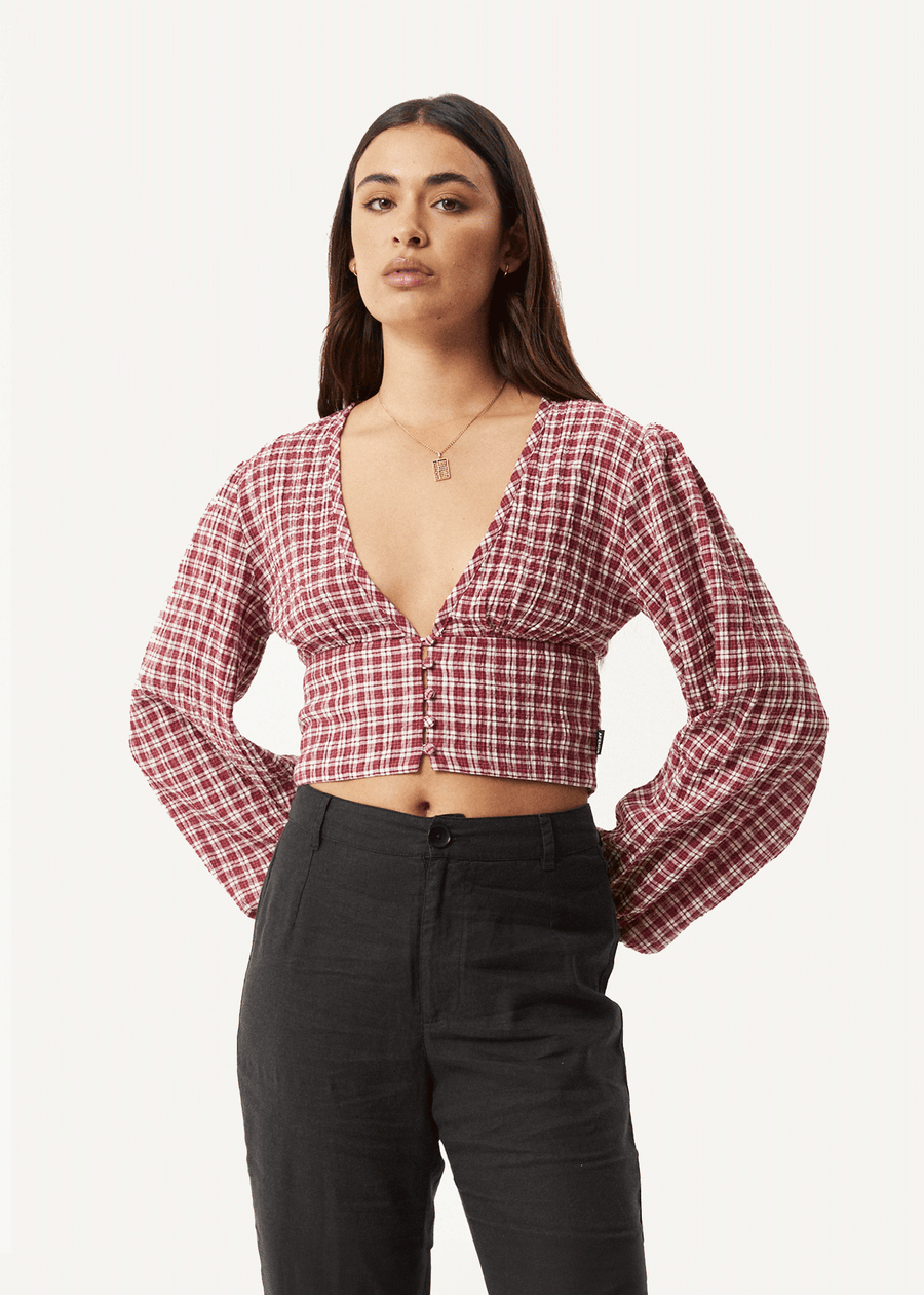 AFENDS Womens Base - Seersucker Long Sleeve Top - Burgundy Check