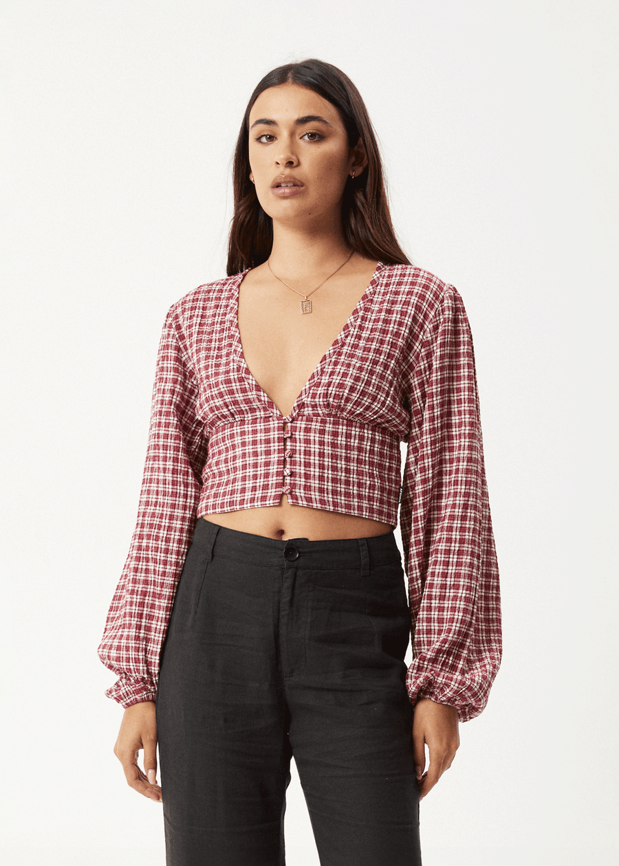 AFENDS Womens Base - Seersucker Long Sleeve Top - Burgundy Check