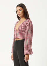 AFENDS Womens Base - Seersucker Long Sleeve Top - Burgundy Check - Afends womens base   seersucker long sleeve top   burgundy check