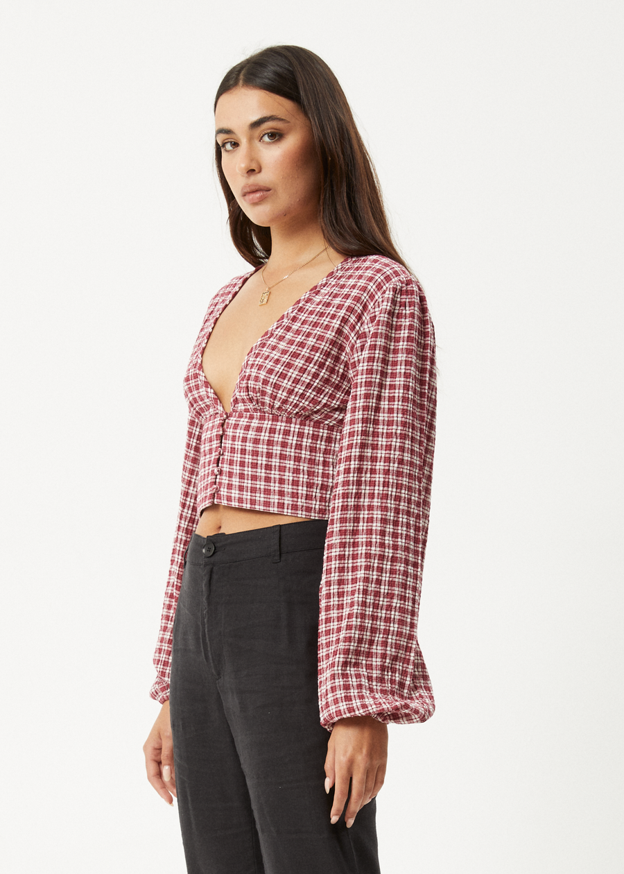 AFENDS Womens Base - Seersucker Long Sleeve Top - Burgundy Check