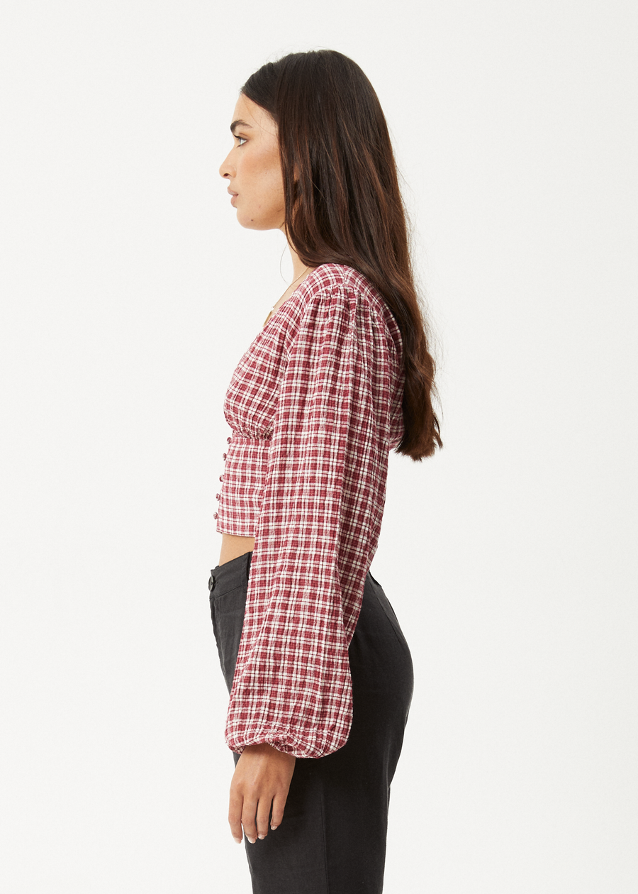 AFENDS Womens Base - Seersucker Long Sleeve Top - Burgundy Check