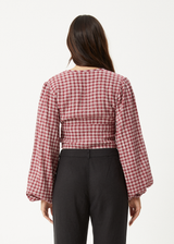 AFENDS Womens Base - Seersucker Long Sleeve Top - Burgundy Check - Afends womens base   seersucker long sleeve top   burgundy check