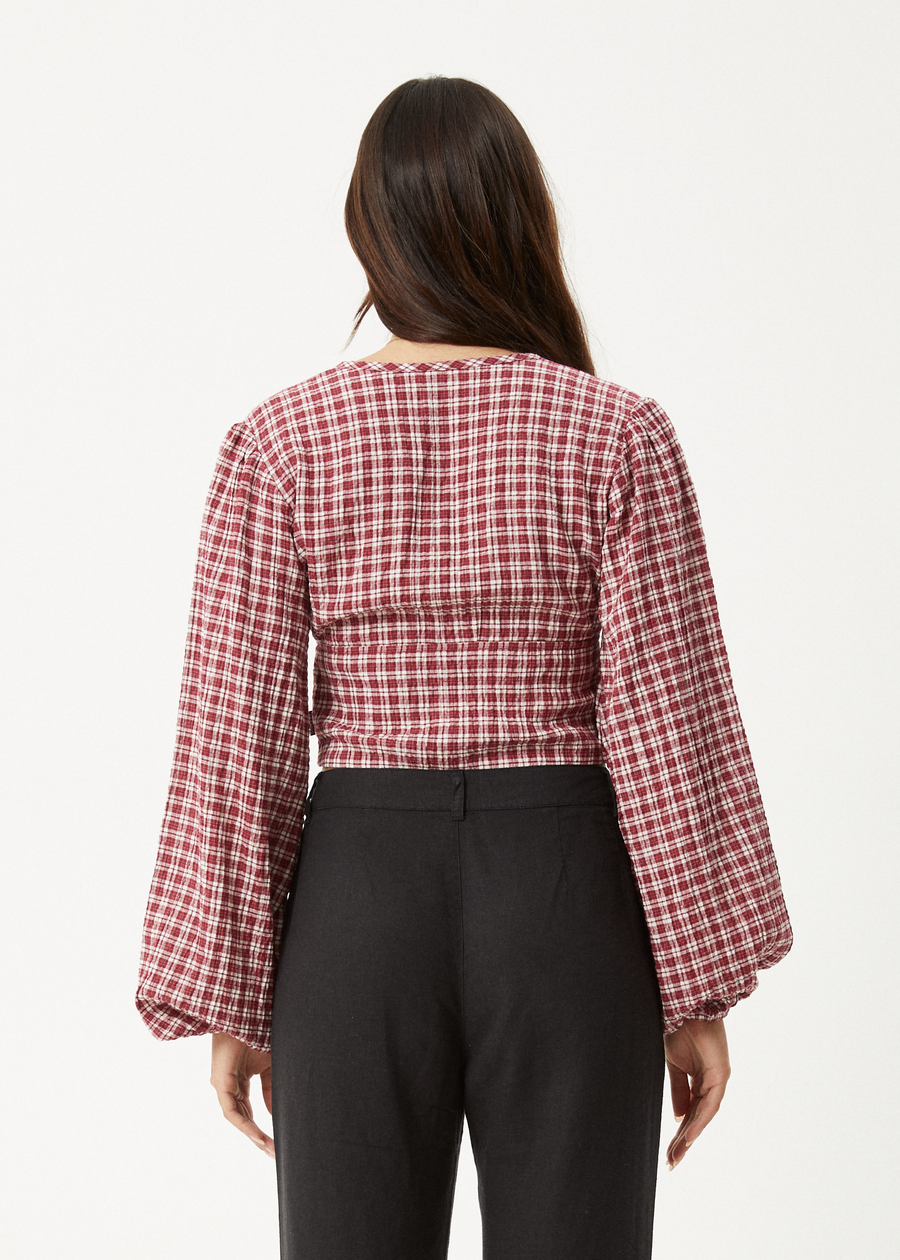 AFENDS Womens Base - Seersucker Long Sleeve Top - Burgundy Check
