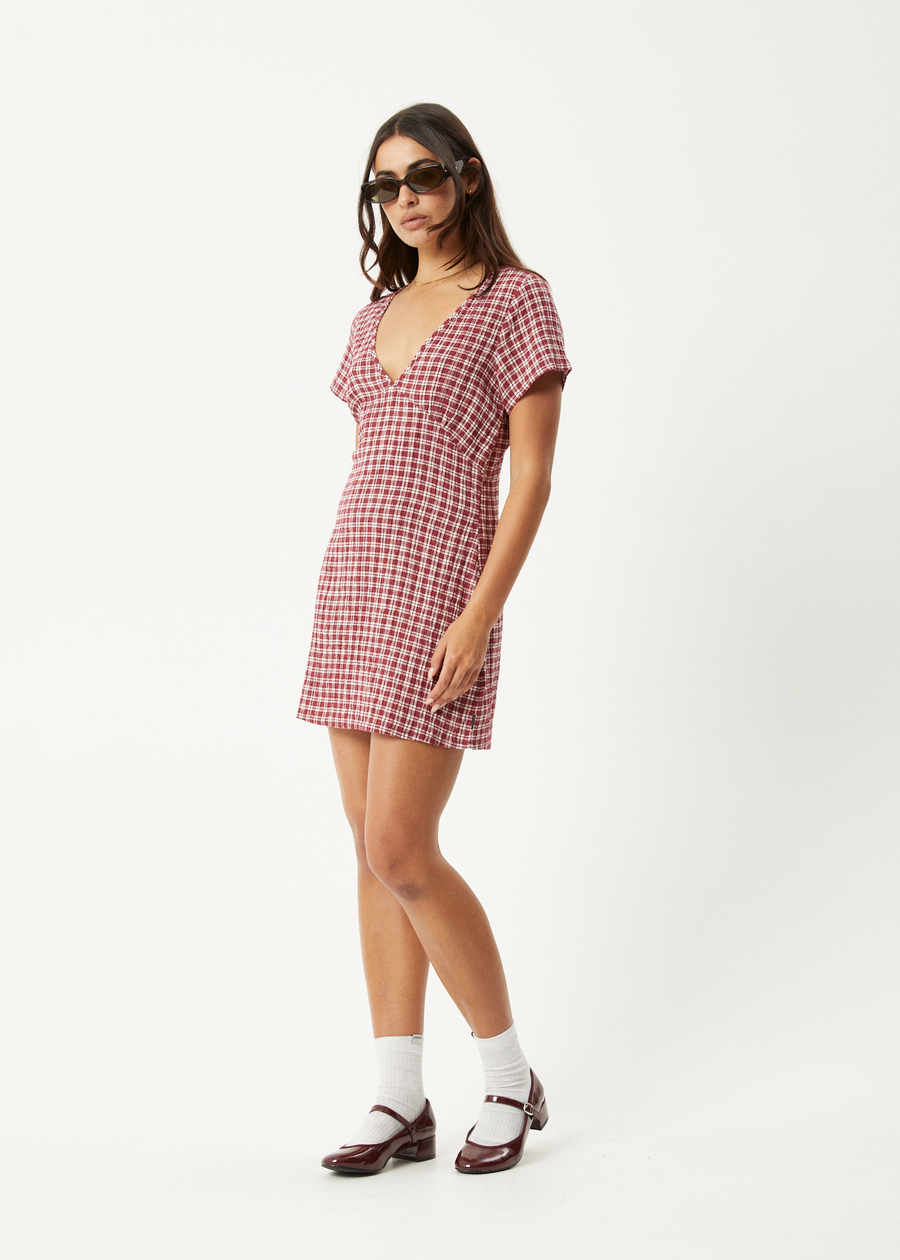 AFENDS Womens Base - Seersucker Mini Dress - Burgundy Check
