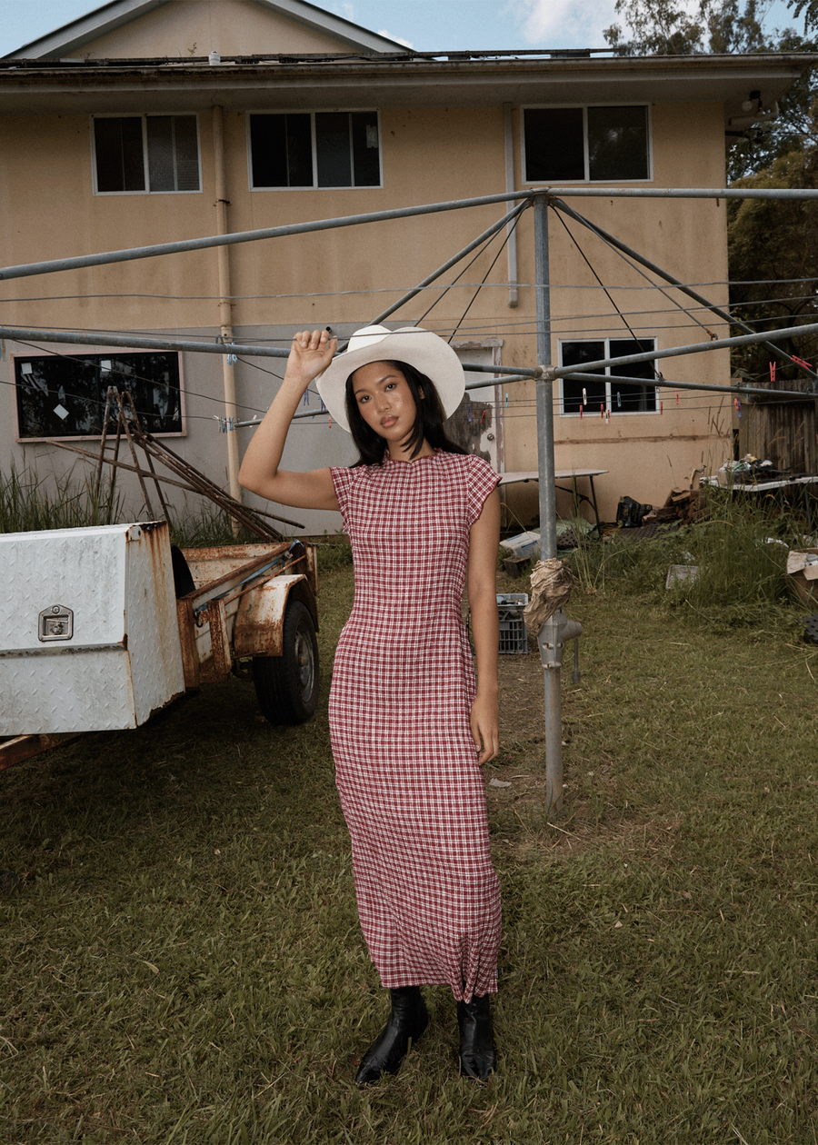 AFENDS Womens Base - Seersucker Midi Dress - Burgundy Check