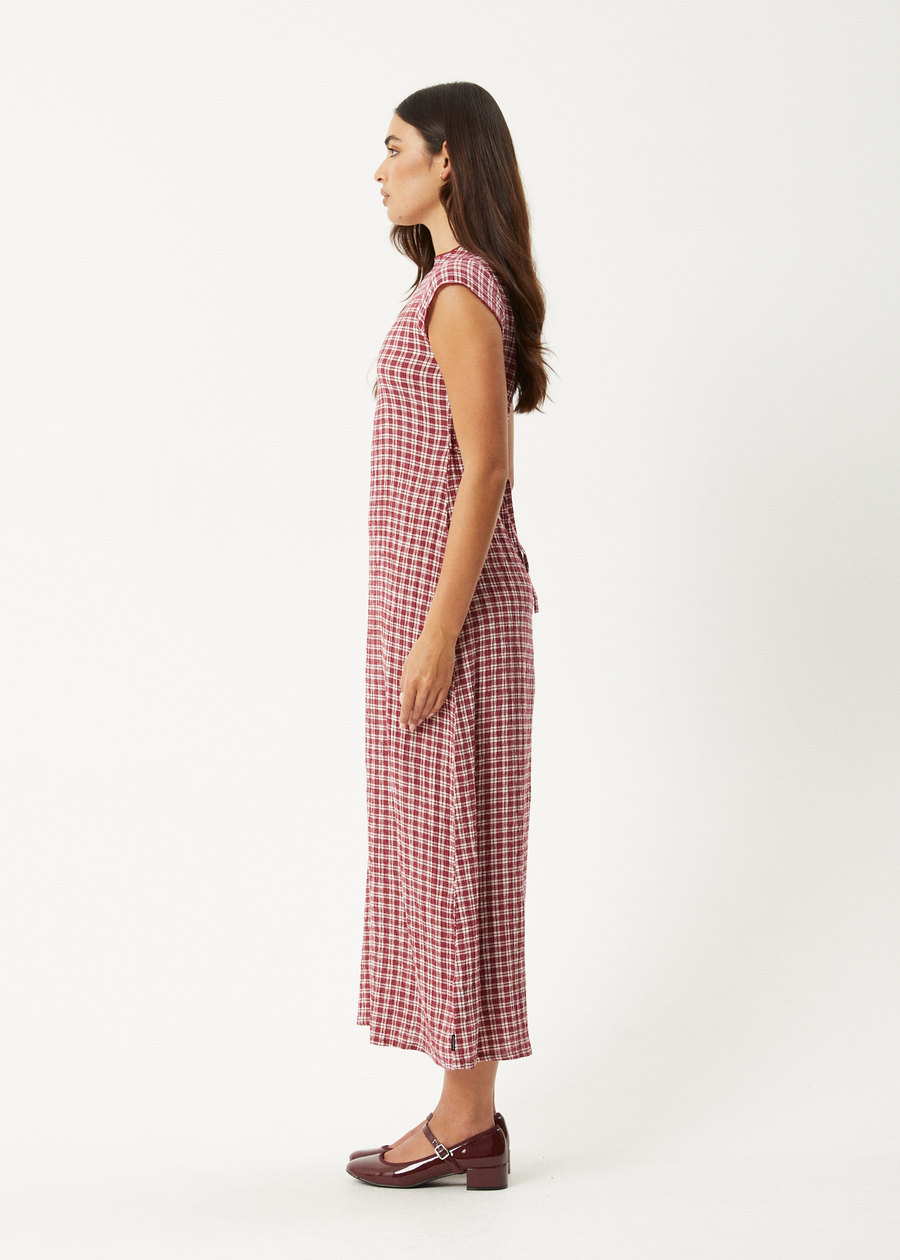 AFENDS Womens Base - Seersucker Midi Dress - Burgundy Check