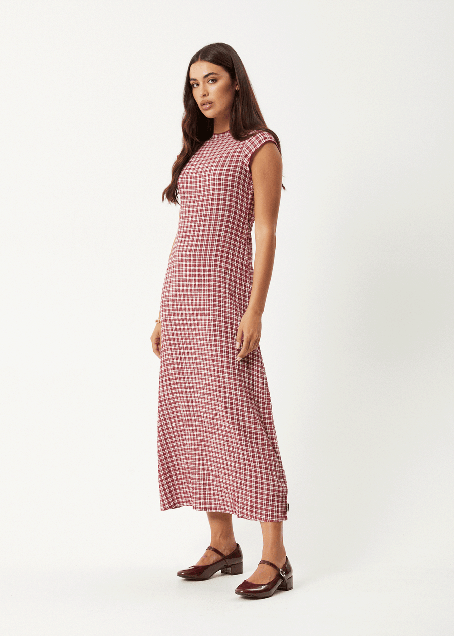AFENDS Womens Base - Seersucker Midi Dress - Burgundy Check