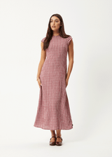 AFENDS Womens Base - Seersucker Midi Dress - Burgundy Check - Afends womens base   seersucker midi dress   burgundy check