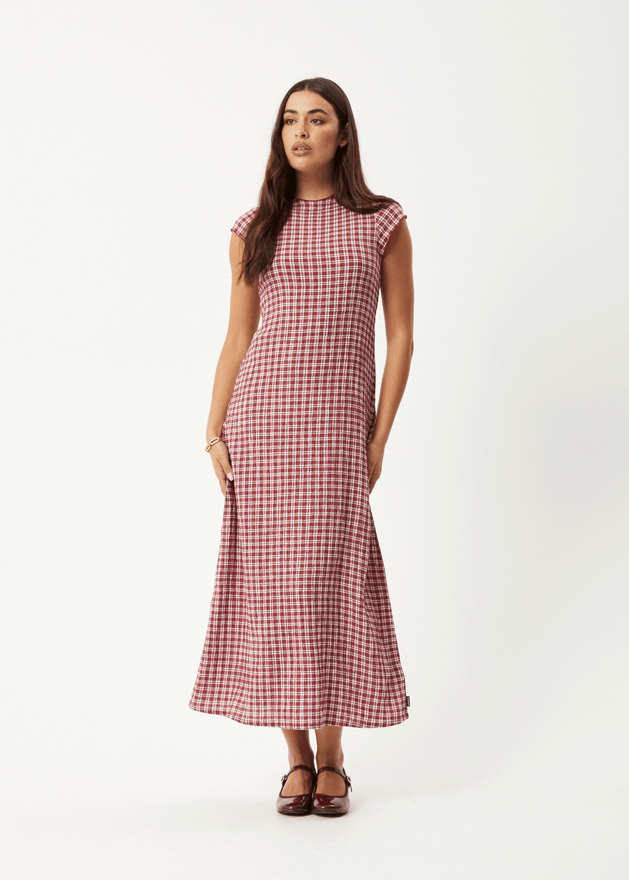 AFENDS Womens Base - Seersucker Midi Dress - Burgundy Check