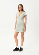 AFENDS Womens Leo - Seersucker Mini Dress - Green / White - Afends womens leo   seersucker mini dress   green / white