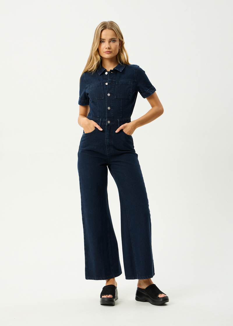 AFENDS Womens Weston Miami - Denim Flared Jumpsuit - Ink