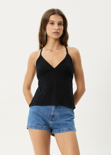 AFENDS Womens Focus - Seersucker Strappy Top - Black - Afends womens focus   seersucker strappy top   black