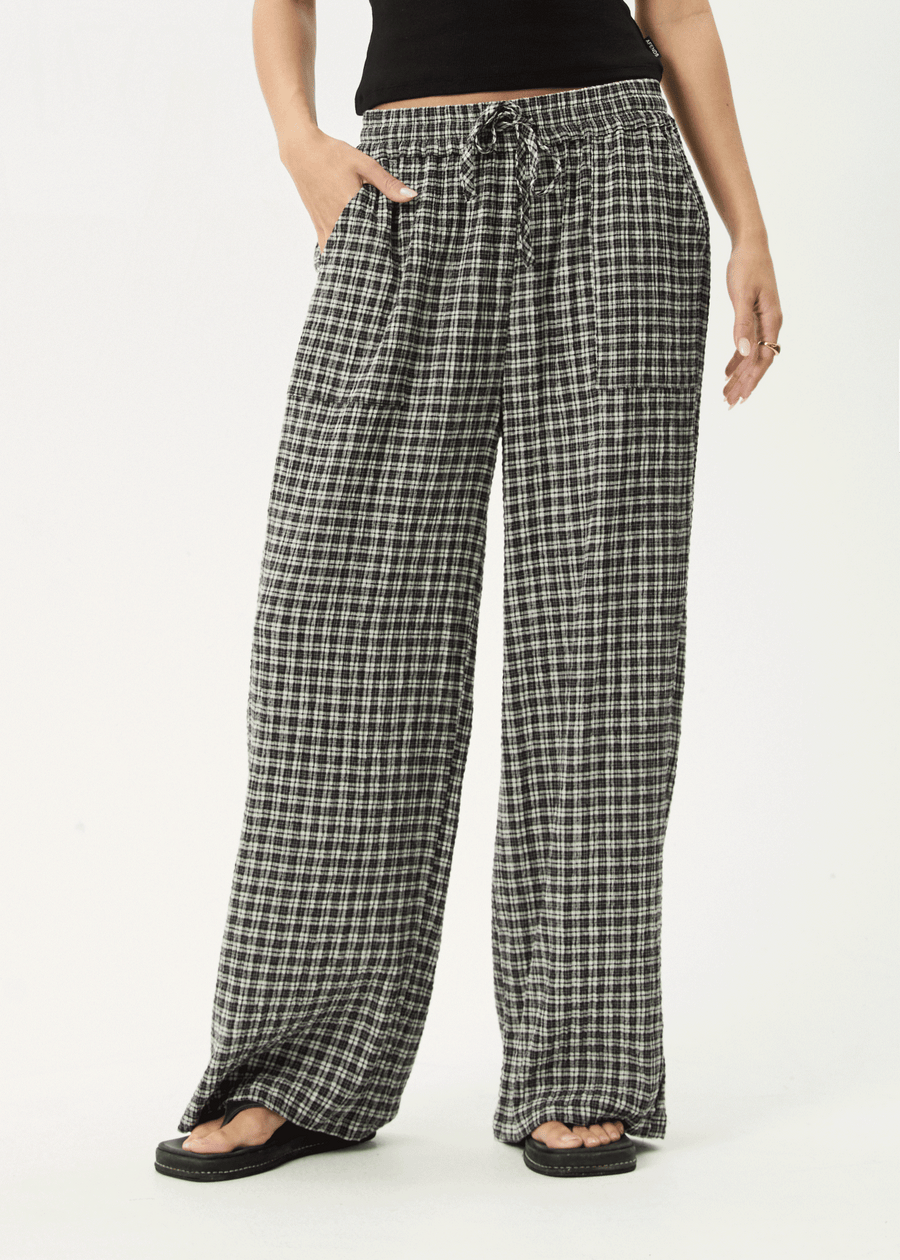 AFENDS Womens Asta - Seersucker Wide Leg Pant - Steel Check