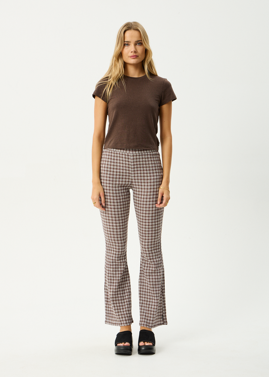 AFENDS Womens Base - Seersucker Flare Pant - Coffee Check