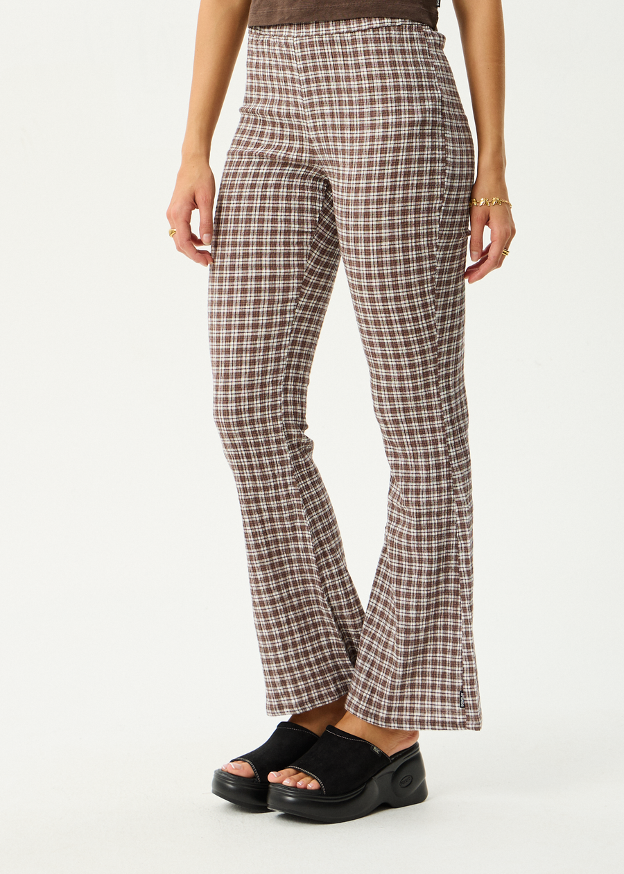 AFENDS Womens Base - Seersucker Flare Pant - Coffee Check