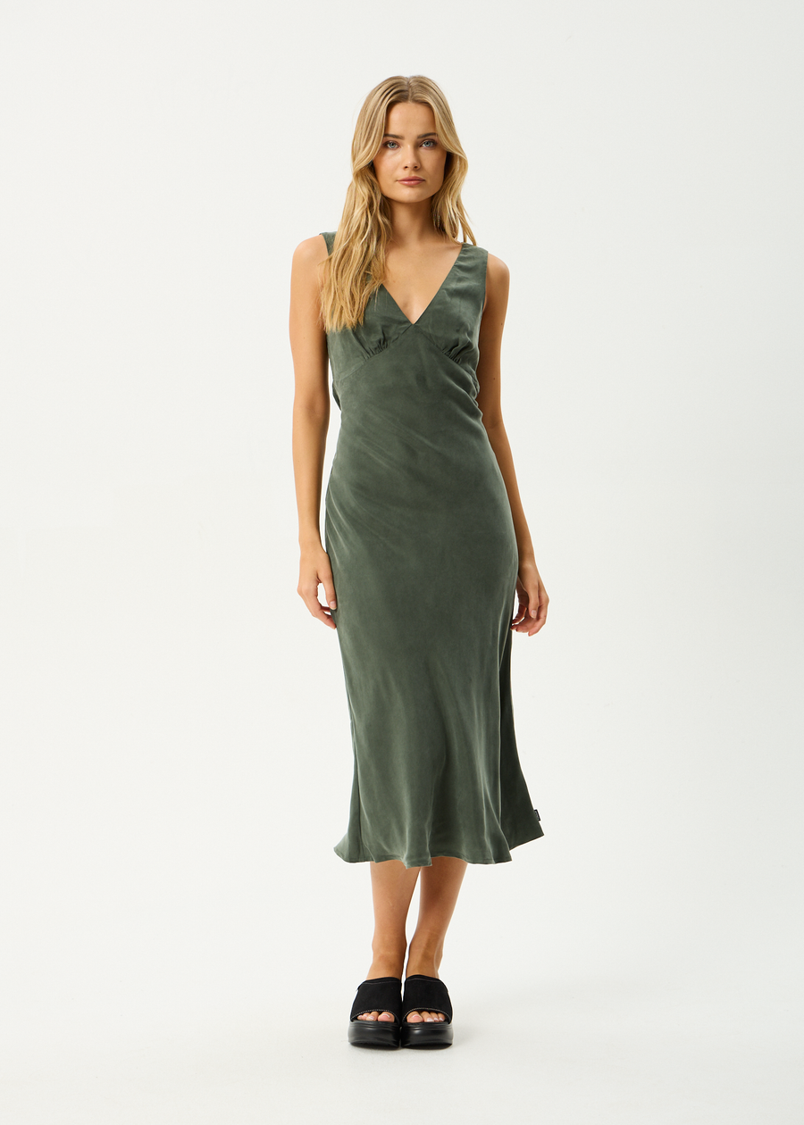 AFENDS Womens Gia - Cupro Maxi Dress - Deep Green
