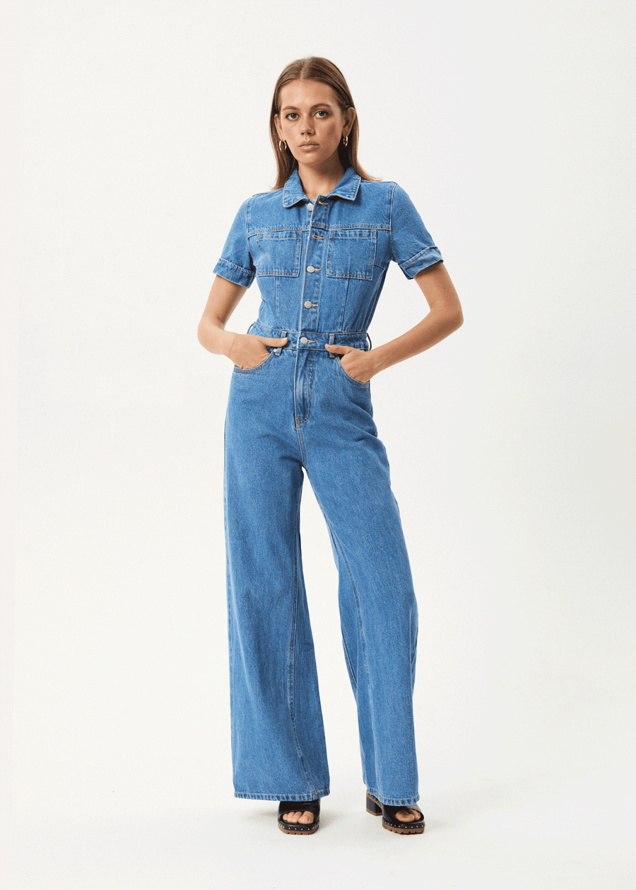 AFENDS Womens Miami - Denim Flared Jumpsuit - Worn Blue