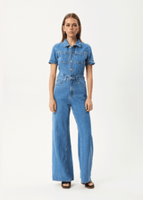 AFENDS Womens Miami - Denim Flared Jumpsuit - Worn Blue - Afends womens miami   denim flared jumpsuit   worn blue
