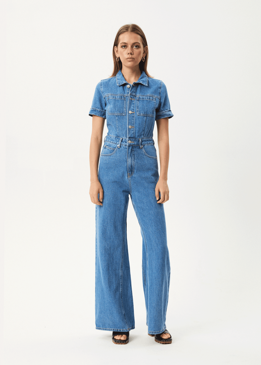 AFENDS Womens Miami - Denim Flared Jumpsuit - Worn Blue