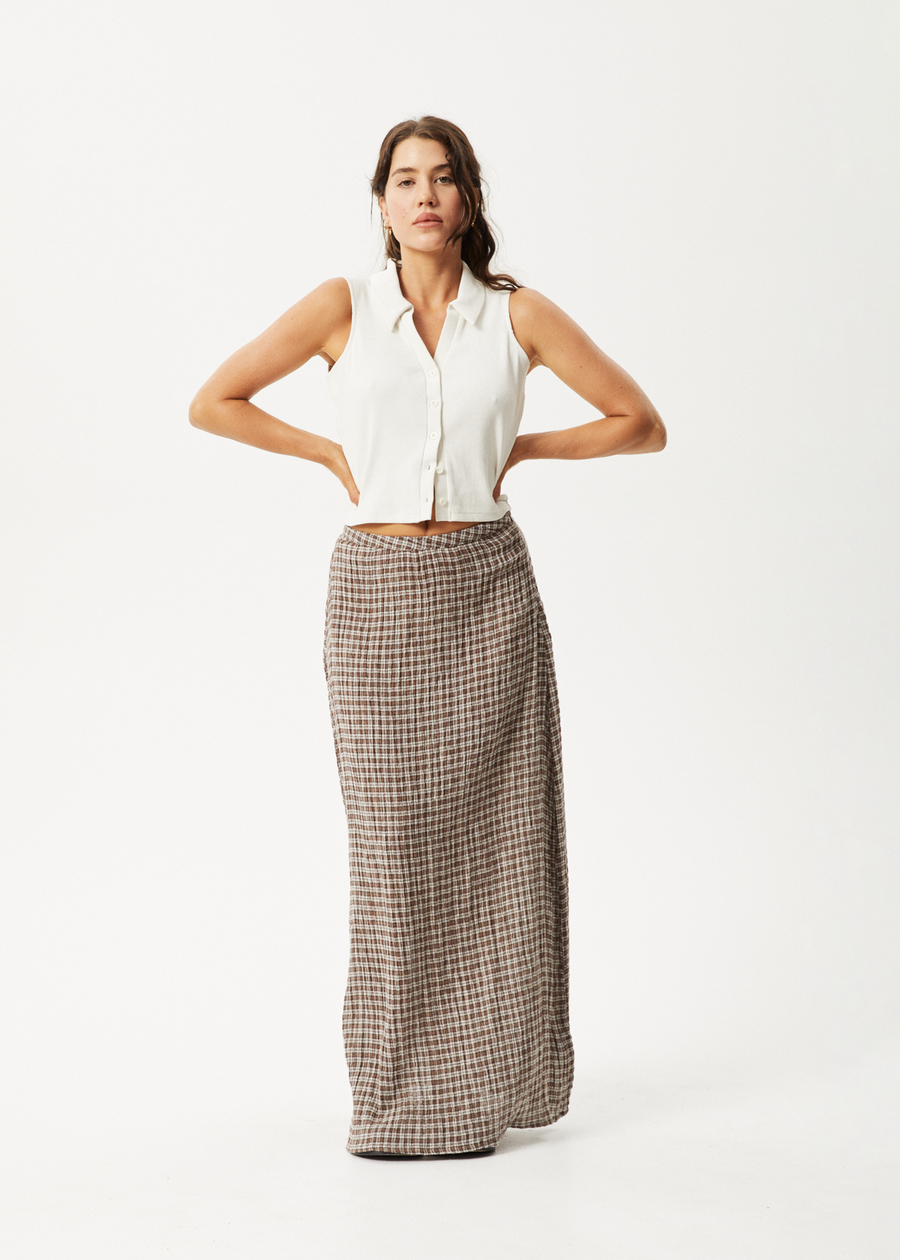 AFENDS Womens Base - Seersucker Maxi Skirt - Coffee Check