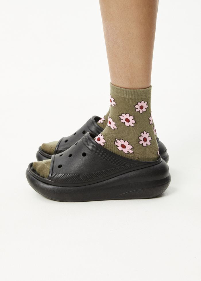 Afends Unisex Flower - Crew Socks - Olive - Streetwear - Sustainable Fashion