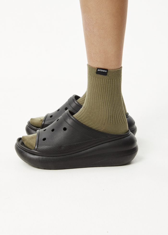 Afends Unisex The Essential - Hemp Ribbed Crew Socks - Olive - Streetwear - Sustainable Fashion