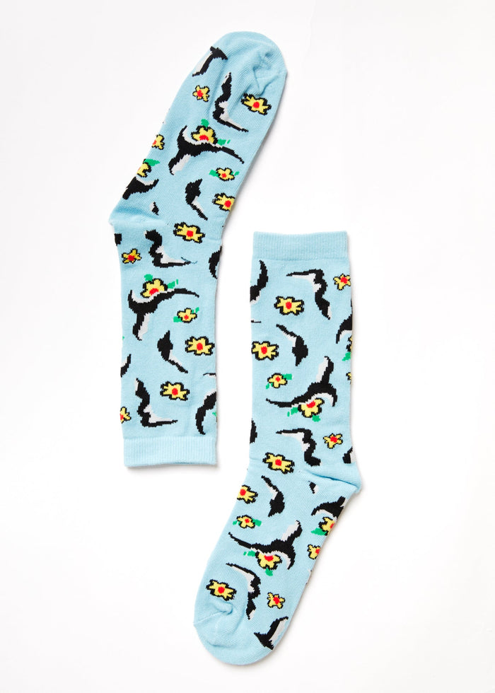Afends Unisex Flowers - Recycled Crew Socks - Sky Blue - Streetwear - Sustainable Fashion