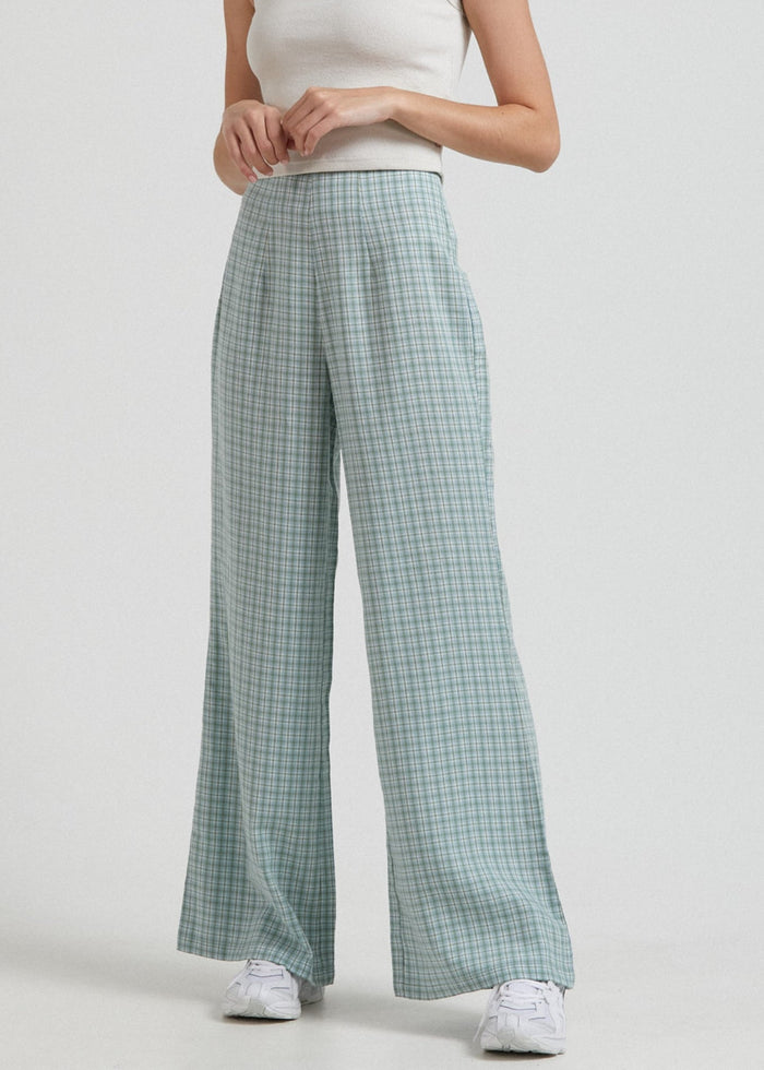 Afends Womens Billy - Hemp Check High Waisted Pants - Moss Check - Streetwear - Sustainable Fashion