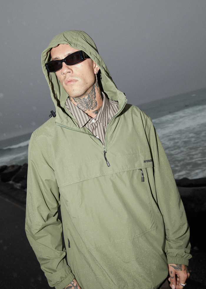 Afends Mens System - Water Resistant Spray Anorak Jacket - Military - Streetwear - Sustainable Fashion