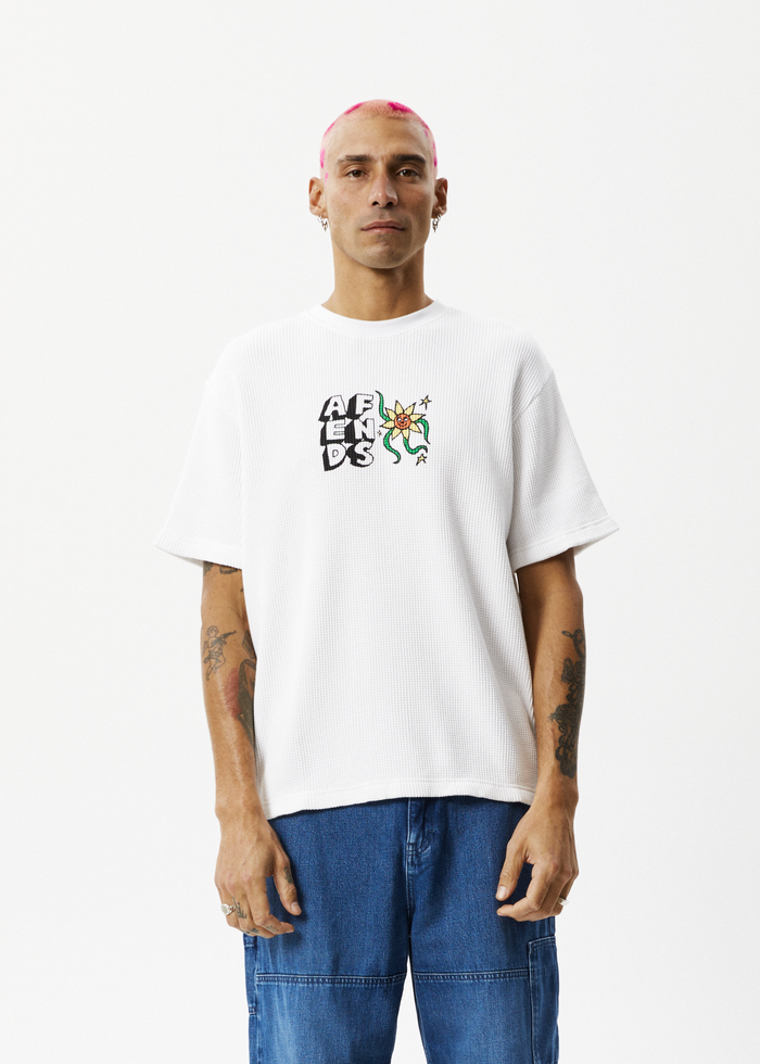 AFENDS Mens Flowerbed - Waffle Retro T-Shirt - Off White - Streetwear - Sustainable Fashion