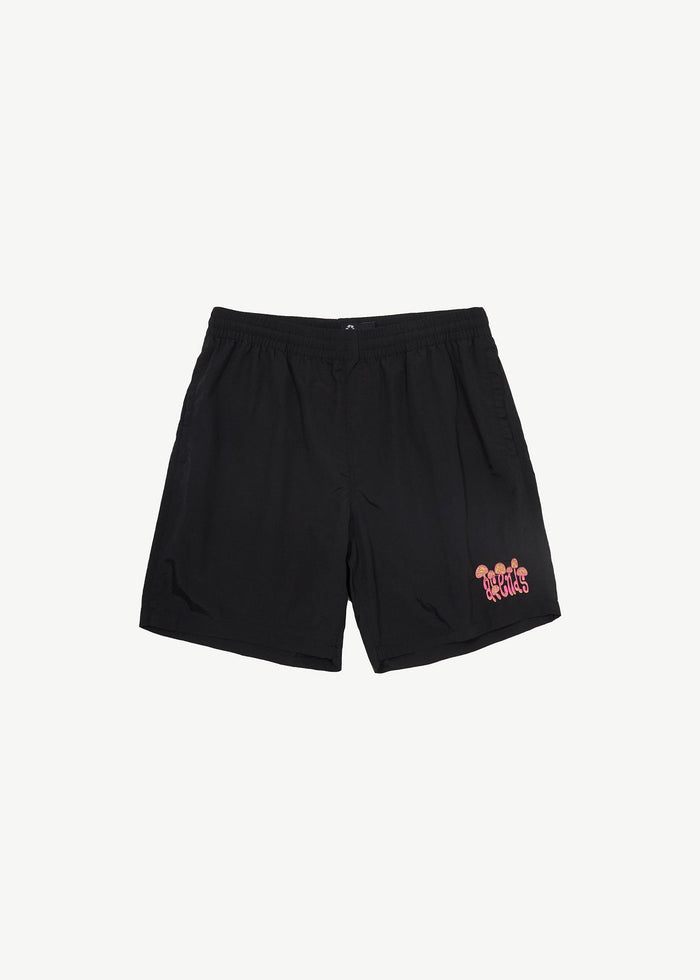 AFENDS Mens Baywatch Intergalactic - Elastic Waist Shorts - Black - Streetwear - Sustainable Fashion