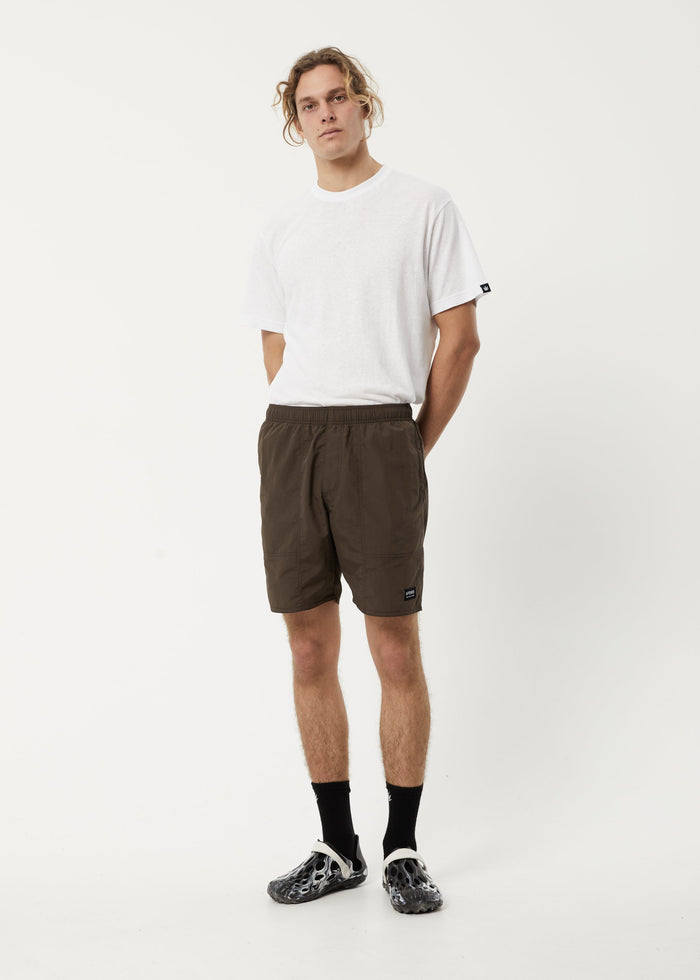 Afends Mens Baywatch Misprint - Elastic Waist Shorts - Coffee - Streetwear - Sustainable Fashion