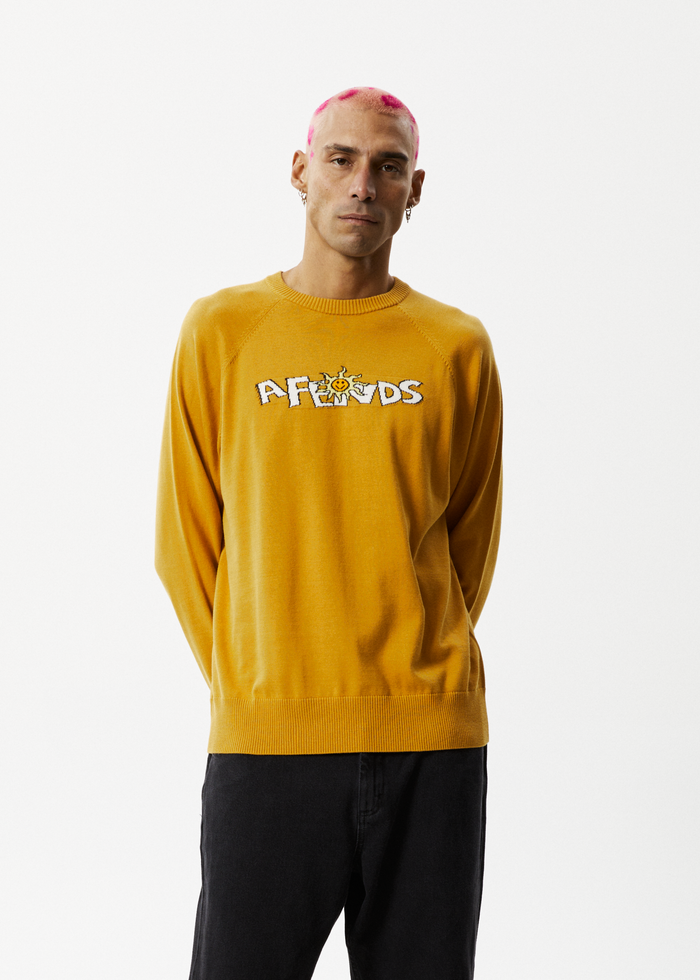 Afends Mens Farming - Knitted Crew Neck Jumper - Mustard - Streetwear - Sustainable Fashion