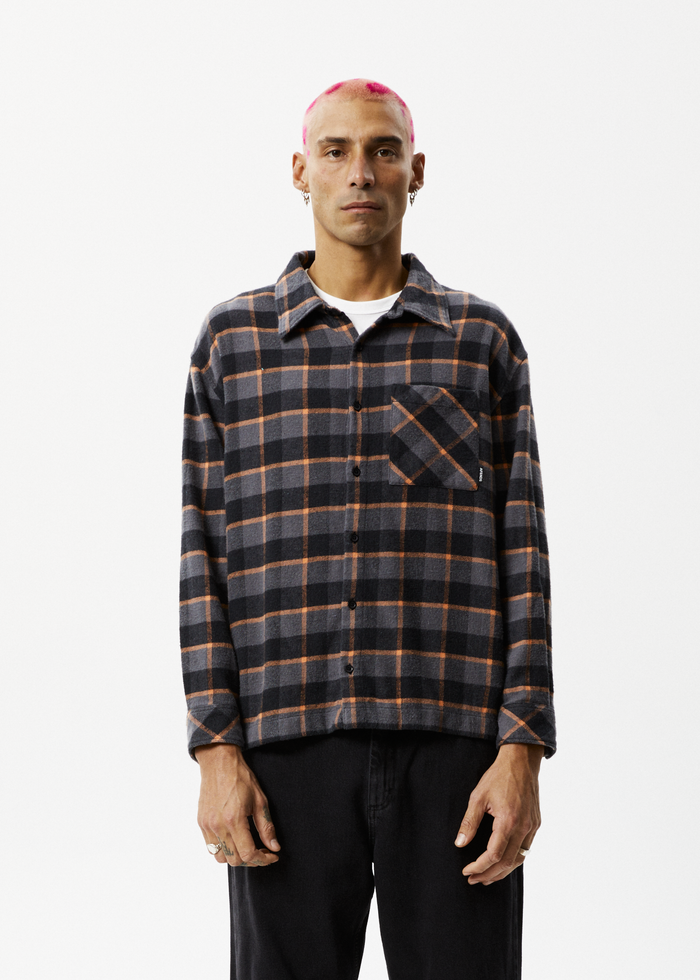 Afends Mens Flowerbed - Check Flannel Long Sleeve Shirt - Black - Streetwear - Sustainable Fashion