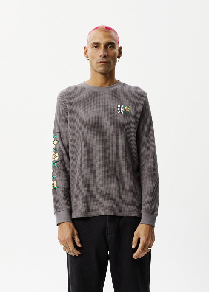 Afends Mens Flowerbed - Waffle Long Sleeve T-Shirt - Steel - Streetwear - Sustainable Fashion
