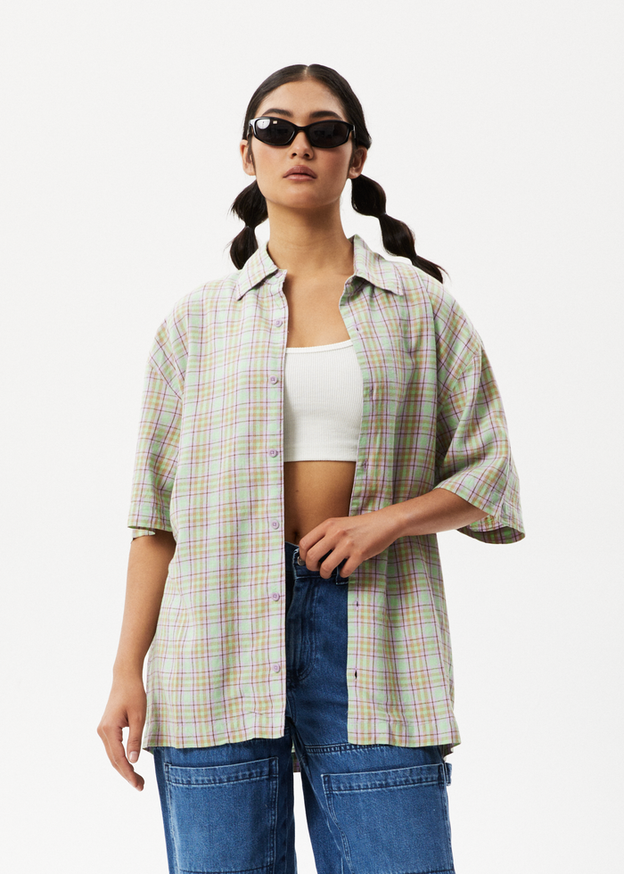 Afends Mens Kali - Short Sleeve Shirt - Pistachio Check - Streetwear - Sustainable Fashion