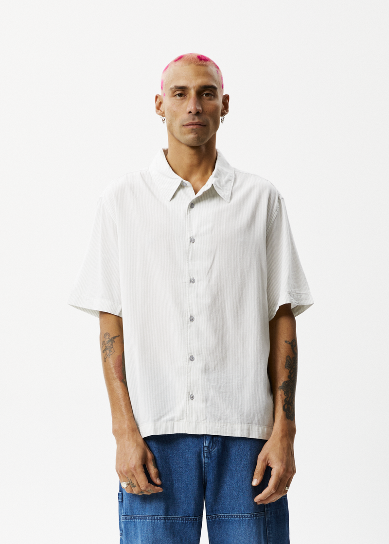 AFENDS Mens Locked Up - Striped Short Sleeve Shirt - Smoke