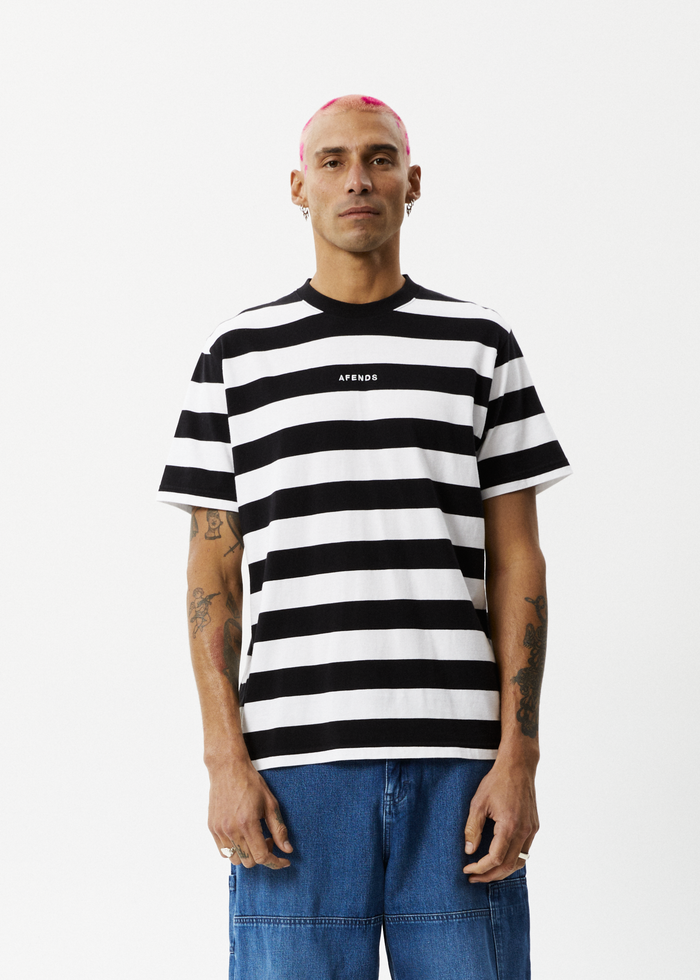 AFENDS Mens Needle - Retro Logo T-Shirt - Black Stripe - Streetwear - Sustainable Fashion