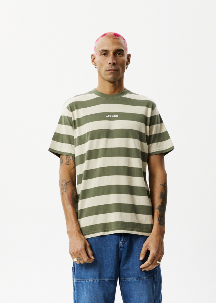 Afends Mens Needle - Recycled Retro Logo T-Shirt - Cypress Stripe - Streetwear - Sustainable Fashion