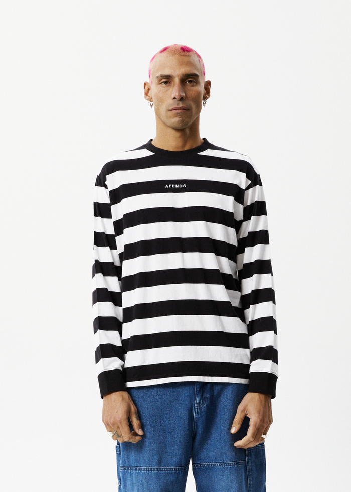 Afends Mens Needle - Recycled Striped Long Sleeve Logo T-Shirt - Black Stripe - Streetwear - Sustainable Fashion