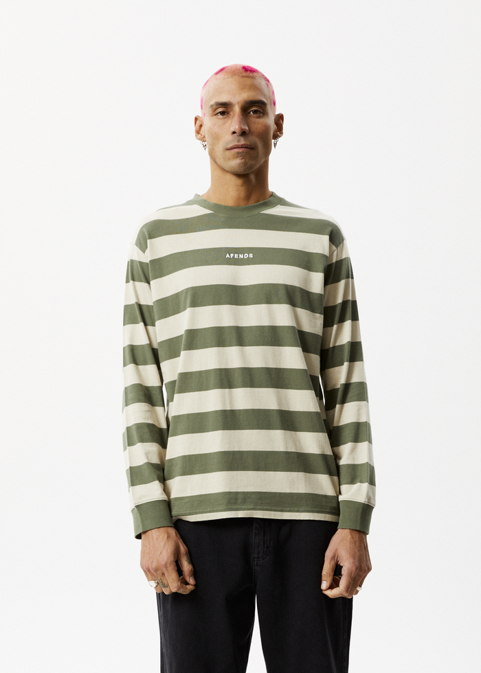Afends Mens Needle - Recycled Striped Long Sleeve Logo T-Shirt - Cypress Stripe - Streetwear - Sustainable Fashion