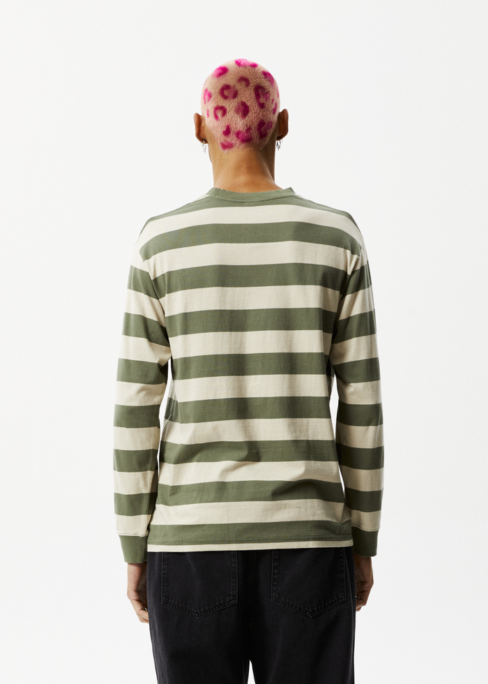AFENDS Mens Needle - Recycled Striped Long Sleeve Logo T-Shirt - Cypress Stripe - Streetwear - Sustainable Fashion