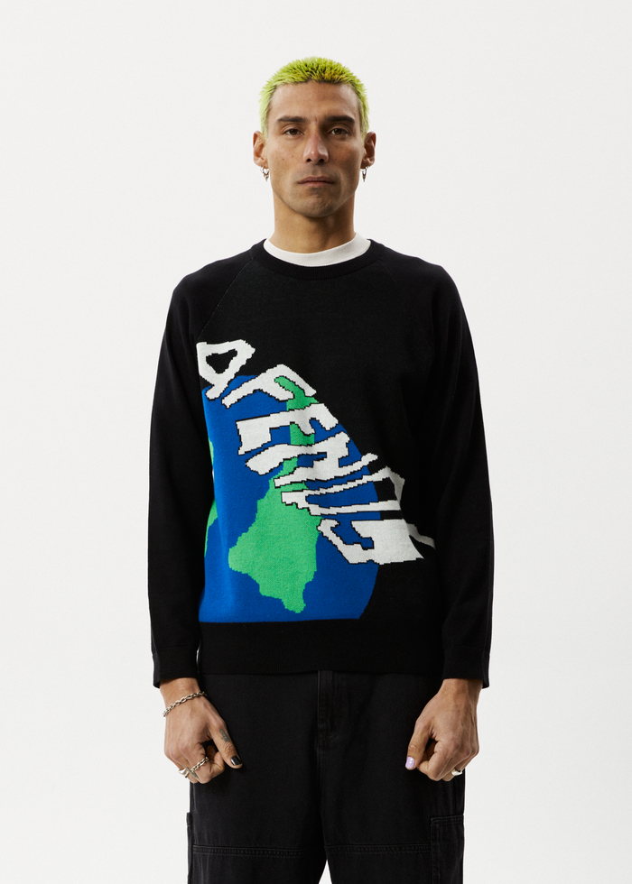 Afends Mens Orbital - Raglan Knitted Crew Neck Jumper - Black - Streetwear - Sustainable Fashion