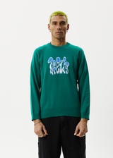 AFENDS Mens Psychedelic - Raglan Knitted Crew Neck Jumper - Emerald - Afends mens psychedelic   raglan knitted crew neck jumper   emerald   streetwear   sustainable fashion
