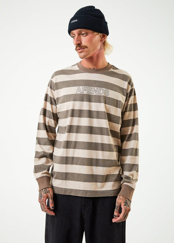 Afends Mens Sideline - Recycled Long Sleeve Striped T-Shirt - Beechwood - Streetwear - Sustainable Fashion