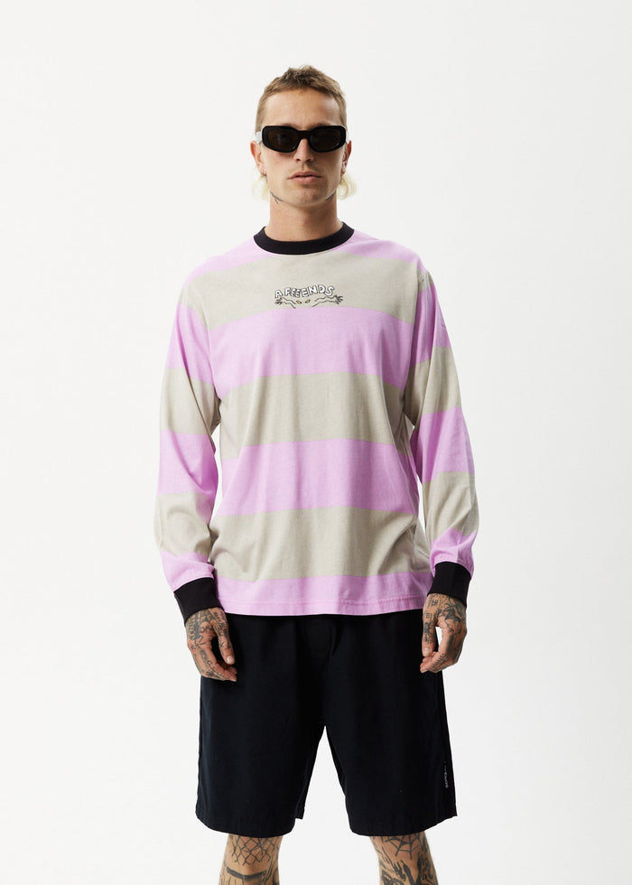 Afends Mens Space - Striped Long Sleeve Logo T-Shirt - Candy Stripe - Streetwear - Sustainable Fashion