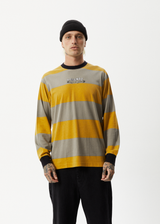 Afends Mens Space - Striped Long Sleeve Logo T-Shirt - Mustard Stripe - Afends mens space   striped long sleeve logo t shirt   mustard stripe   streetwear   sustainable fashion