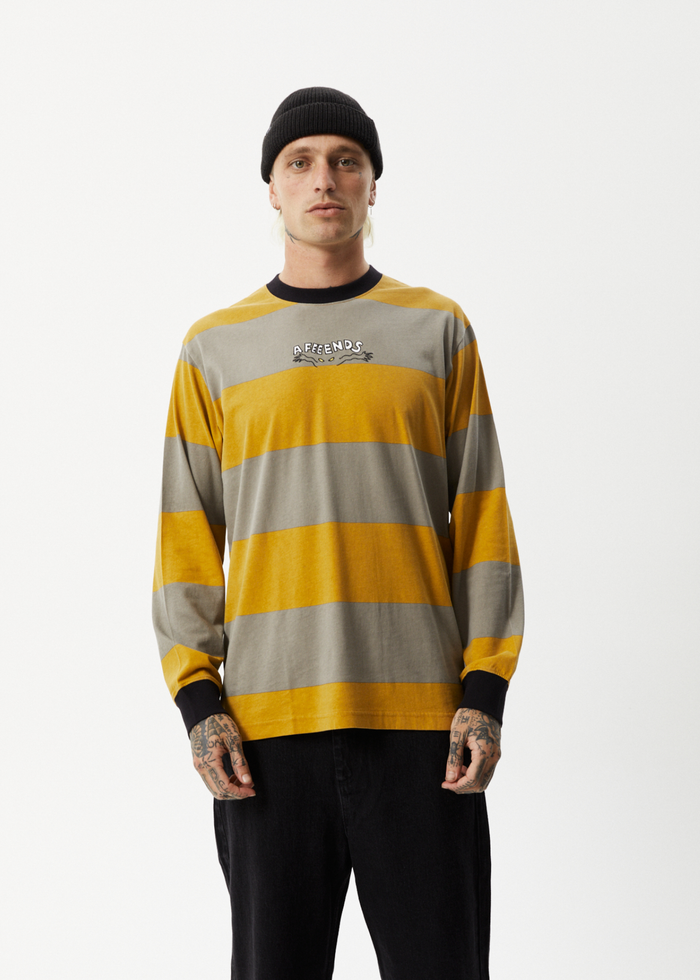 Afends Mens Space - Striped Long Sleeve Logo T-Shirt - Mustard Stripe - Streetwear - Sustainable Fashion