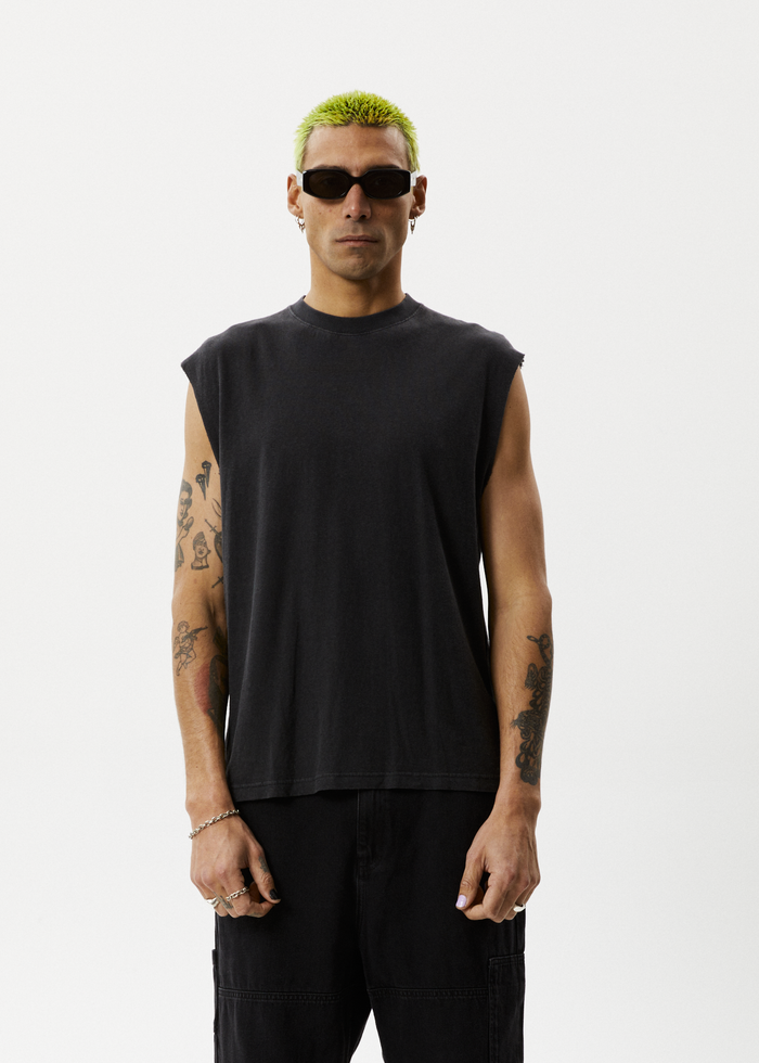 AFENDS Mens Vacation - Sleeveless T-Shirt - Stone Black - Streetwear - Sustainable Fashion